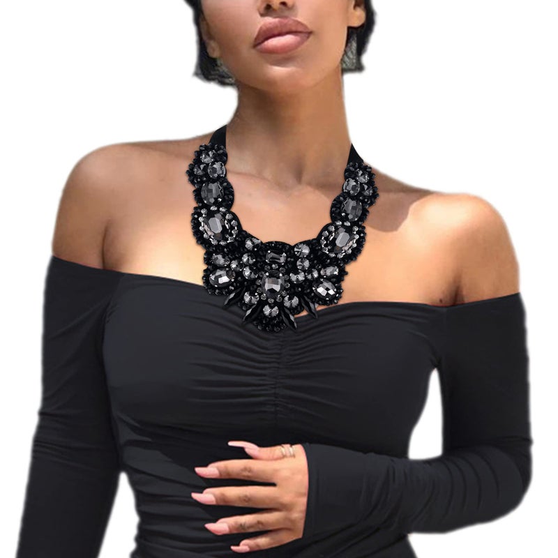 Flyonce Black Rhinestone Crystal Bib Chunky Collar Statement Necklace for Women Costume Jewelry - Image 3